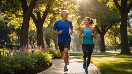 Fototapeta premium Asian Senior Man Running By Waterfront City