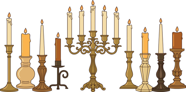 Vintage brass candelabra and antique candlestick collection with burning wax candles for elegant home decor and holiday celebration lighting vector.