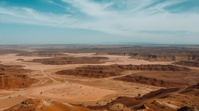 Desert canyon landscape with layered sandstone ridges and winding sandy tracks under blue sky