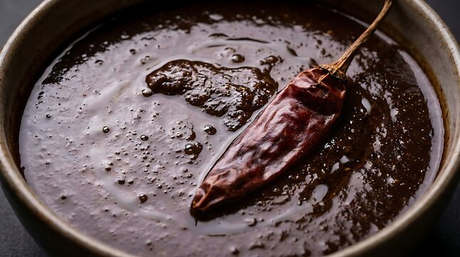 Macro of Glossy Mole Nero Sauce with Dried Guajillo Chili and Rich Textures