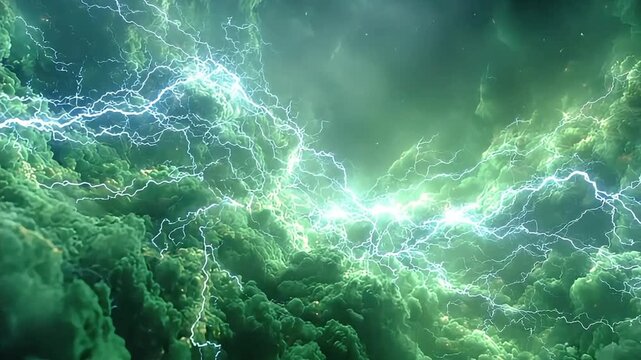 Dramatic electric bolts striking through emerald green storm clouds, ideal for high-energy cinematic backgrounds and digital art.