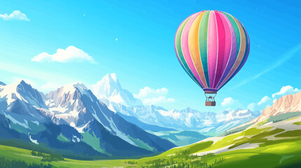 Naklejka premium Vibrant hot air balloon with colorful stripes floats above lush green valleys, majestic snow-capped mountains, clear blue sky with soft clouds
