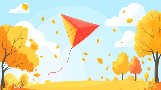Bright autumn scene with a red-yellow kite, falling leaves and golden trees. now