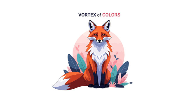 Red fox sitting amidst colorful abstract foliage and circular backdrop