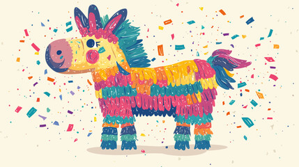 Fototapeta premium A vibrant rainbow-striped pinata llama stands amid falling confetti, celebrating