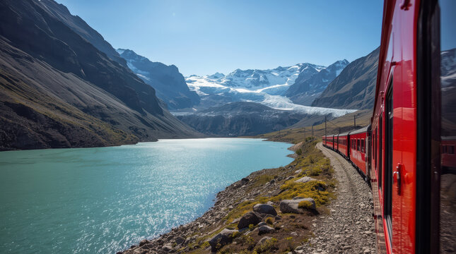 Scenic red train curving beside turquoise glacier lake with snowcapped mountains and clear sky