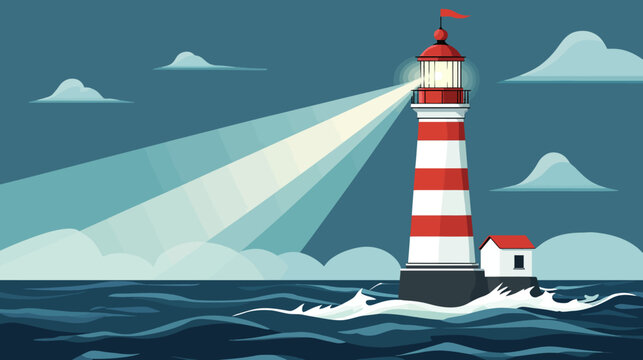 Stylized lighthouse with red-and-white stripes beams across dark ocean at sunset