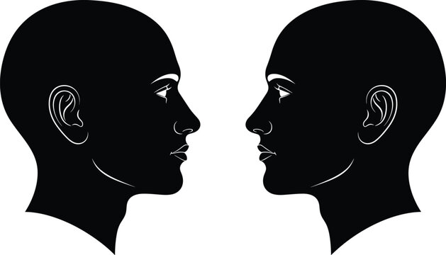 Detailed human head profile silhouettes facing each other with clean vector outlines for psychology, communication, and medical branding