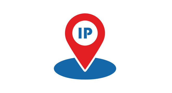 Red location pin icon with IP emblem resting on a blue oval base.