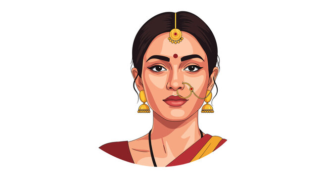 Indian Woman Wearing Traditional Gold Jewelry and Saree Portrait