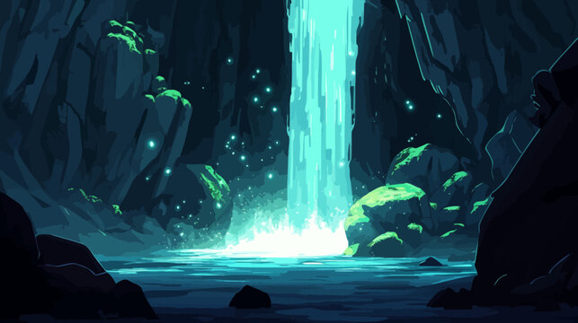 A luminous turquoise waterfall floods a glowing pool inside a dim cavern at dusk