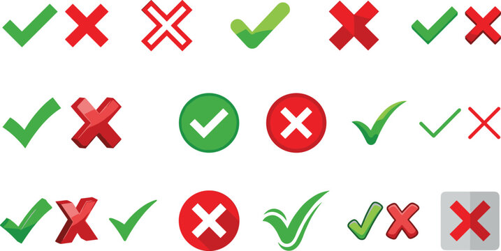 Green Check Mark and Red Cross Mark Icon Set Featuring Various 3D Glossy Flat and Outlined Symbols for Decision Making Success and Error Notification