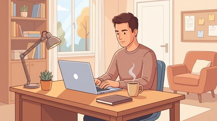 Fototapeta premium Young Man Working on Laptop with Warm Coffee Cup Vector Illustration in Cozy Productive Workspace