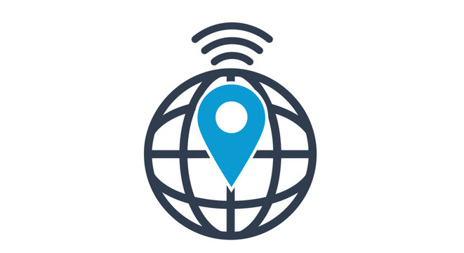 Global location and connectivity icon representing geolocation and wireless networking in a globe illustration.