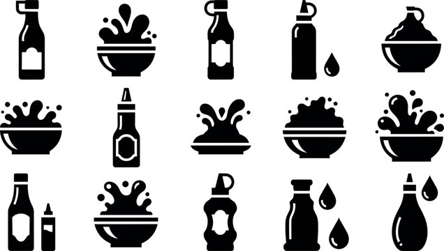 Set of sauce and condiment icons featuring bottles bowls and liquid splashes in black silhouette style for restaurant menus or food packaging vector illustration.