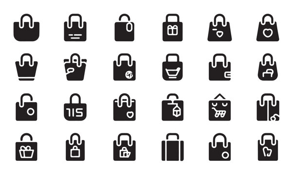 Shopping bags icon set, collection of gift and market tote symbols, modern glyph style.