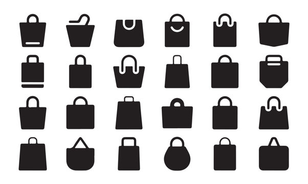 Shopping bags icon set, collection of gift and market tote symbols, modern glyph style.