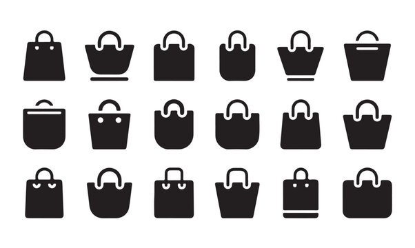 Shopping bags icon set, collection of gift and market tote symbols, modern glyph style.