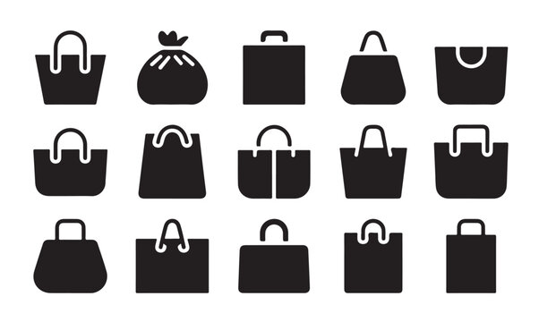 Shopping bags icon set, collection of gift and market tote symbols, modern glyph style.
