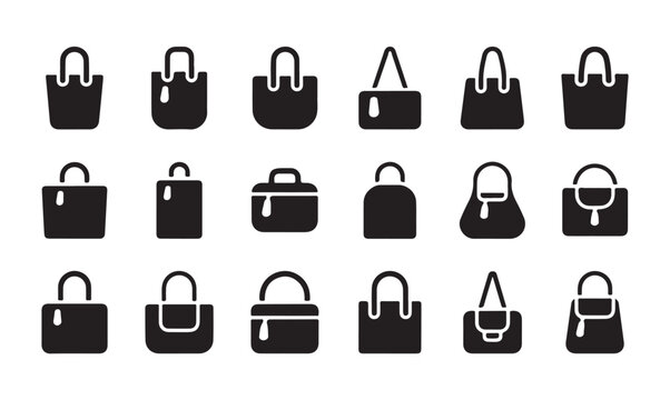 Shopping bags icon set, collection of gift and market tote symbols, modern glyph style.