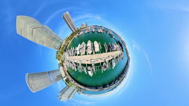 Aerial tiny planet Miami Beach Marina 4k 2026