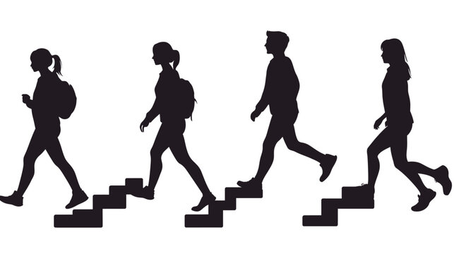 Four silhouettes ascend staircases, black figures contrasted against white background