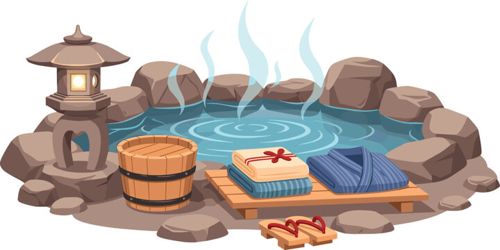 Traditional Japanese onsen hot spring vector illustration with steaming outdoor stone bath, lantern, wooden bucket, yukata, and geta sandals.