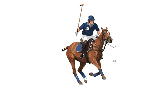 Polo player riding a brown horse with mallet and ball