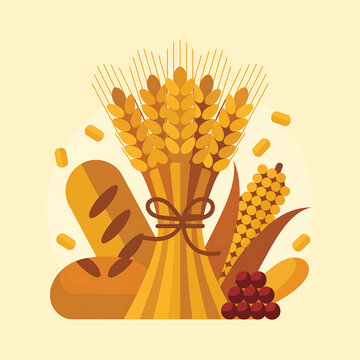 Flat of wheat stalks tied with twine, bread loaves, corn cob, and red berries, grain baguette