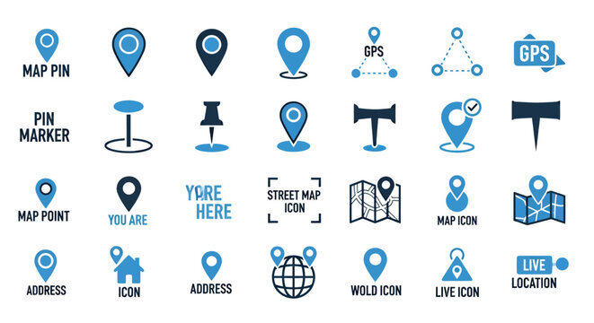 Collection of blue navigation and location icons for maps and travel interfaces.