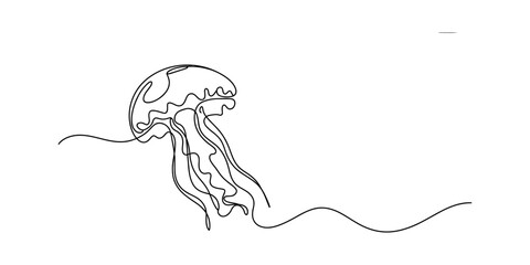Simple line art of a jellyfish floating in the ocean water Vector, illustration © Badhon_Art Gallery