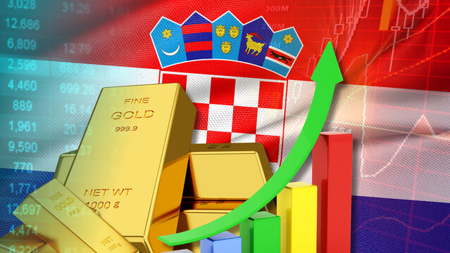 Croatia gold prices are rising amid complex geopolitical and economic conditions. A financial bar chart, featuring a prominent upward-pointing green arrow against a backdrop of the Croatian flag