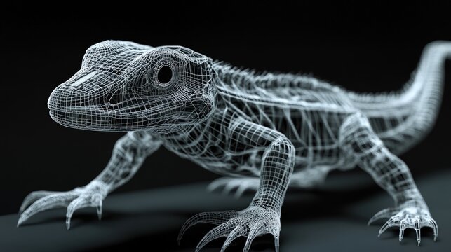 A wireframe render of a lizard in a digital, grayscale environment