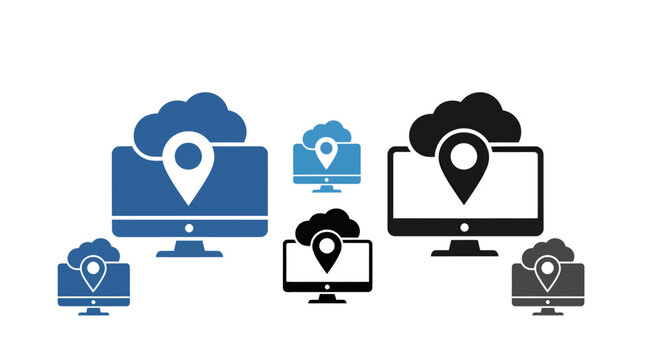 Networked devices and screens with location pins across multiple monitors illustrating digital connectivity.
