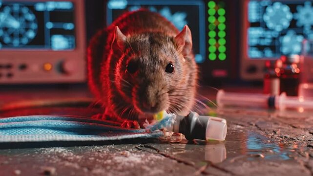 Brown Lab Rat Gnawing on Scientific Equipment in High Tech Laboratory Setting Hantavirus Pulmonary Syndrome.
