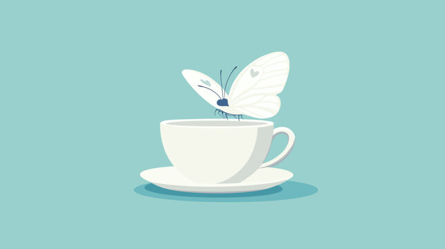Delicate white butterfly perched on a teacup rim, pale shadows over teal softly