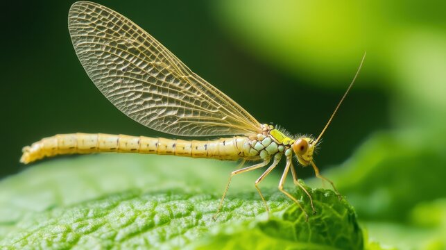 Delicate insect with transparent wings perches on a vibrant green leaf