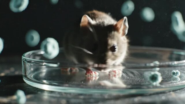 Experimental laboratory mouse in a petri dish with floating cellular particles Hantavirus Pulmonary Syndrome.