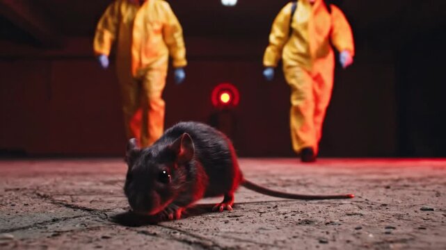 Large Rat in Foreground with Researchers in Yellow Hazmat Suits in Dark Laboratory Hantavirus Pulmonary Syndrome.