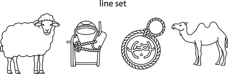 Middle eastern animal and cultural symbols line art set sheep camel rope emblem © Md