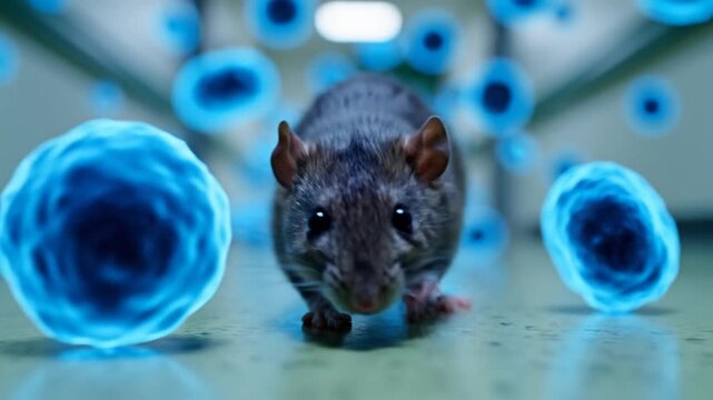 Rat walking through hallway with floating blue virus cells conceptual video Hantavirus Pulmonary Syndrome.