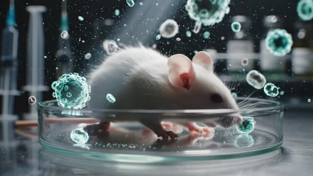Scientific Research Laboratory Mouse in Petri Dish with Floating Virus Molecules Hantavirus Pulmonary Syndrome.