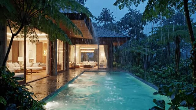Luxury villa outdoor pool in tropical rainforest during heavy rain at dusk with modern interior lighting