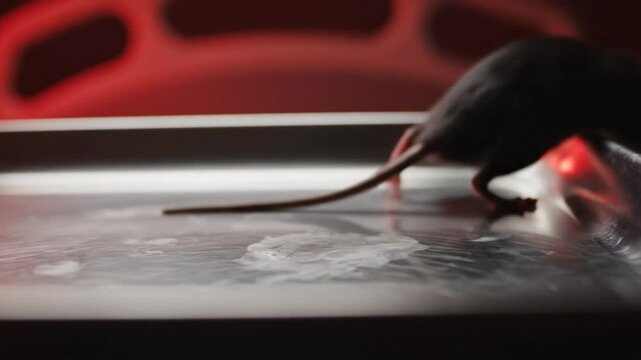 Small black laboratory mouse exploring a metallic tray in a dark room with red lighting for scientific research Hantavirus Pulmonary Syndrome.