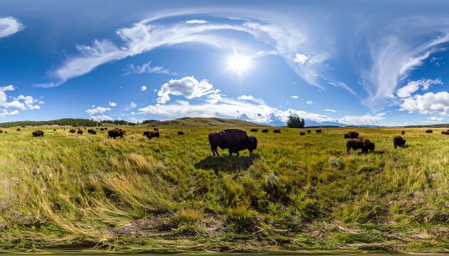 Bison grazing in a green meadow under a sunny blue sky with clouds.