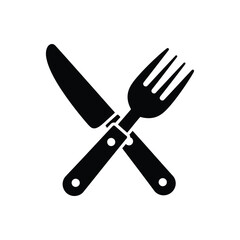 Naklejka premium Crossed knife and fork icon symbolising dining cutlery set for eating meal in restaurant or cafe on white background.