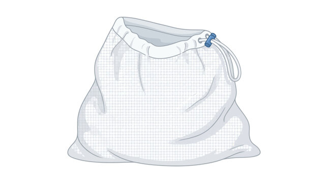 White mesh drawstring bag with blue toggle, isolated on white background