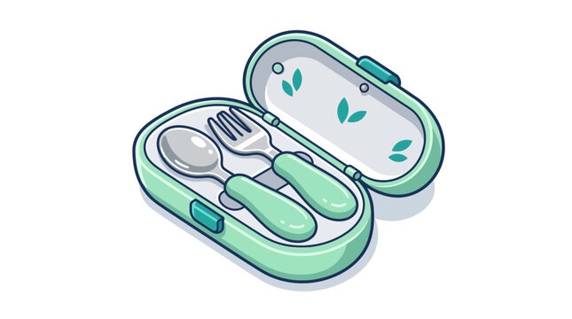 Baby cutlery set in a travel case, spoon and fork with mint green handles
