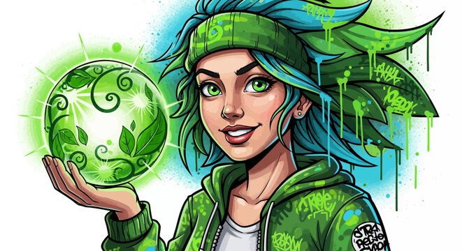 A young woman in green attire holds a glowing green orb with leaves.
