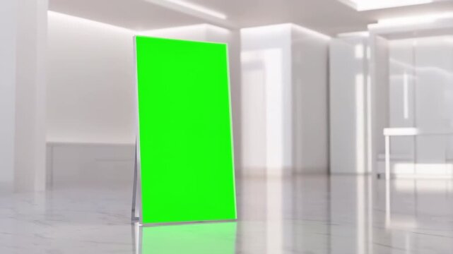 Vertical green screen display stand mockup in a modern white interior